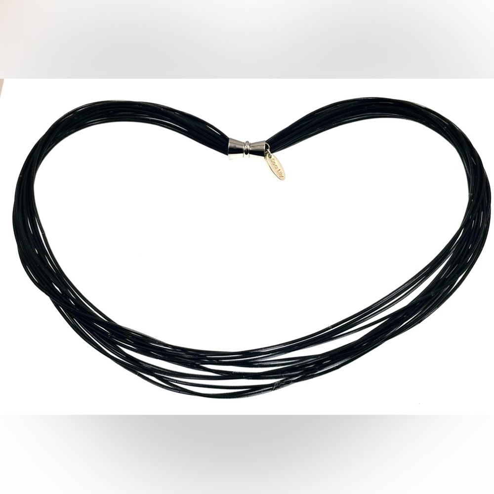 Signed Sea Lily Multistrand Black Piano Wire Necklace Silver Tone Magnetic Clasp